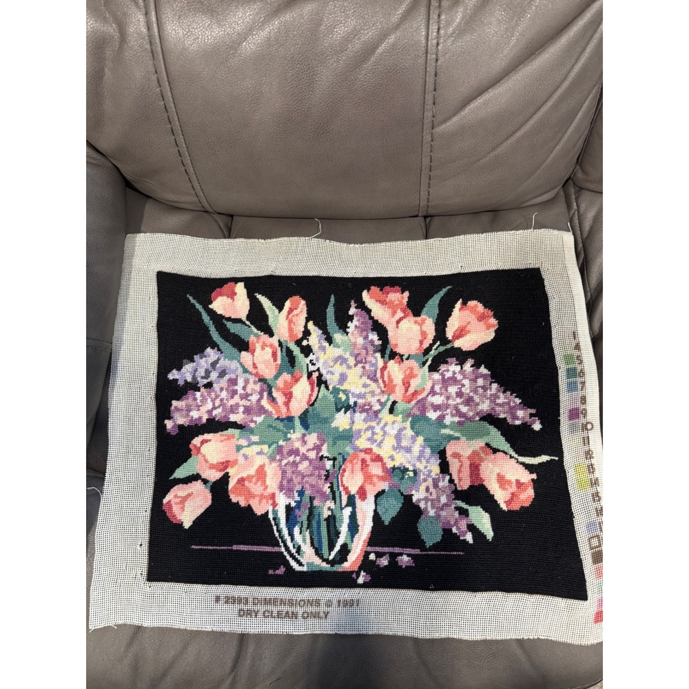 Vintage 1991 Dimensions Completed Needlepoint Floral Tulips Lilacs Black 21x17